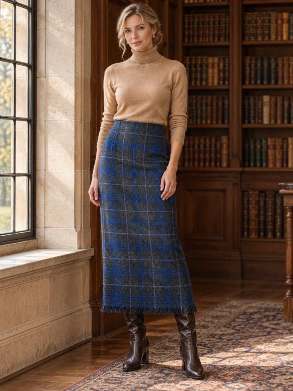 Vintage Harve Benard Sport Wool Plaid Long Skirt 6 Gray Blue Fringe Academia